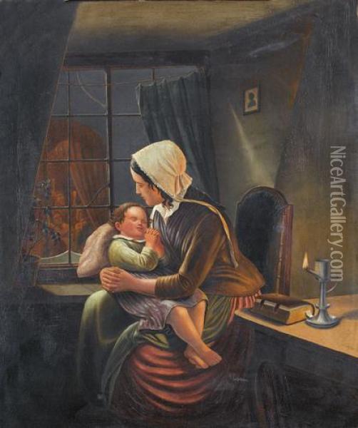 Abendliches Interieur Mit Mutter Und Kind Beim Gebet Oil Painting - Gustav Adolf Friedrich