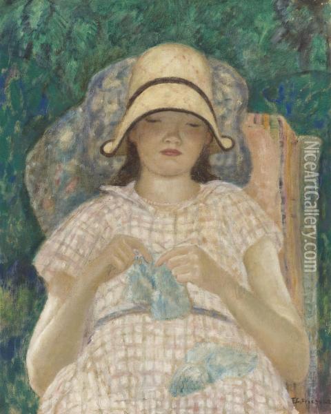 Girl Knitting Oil Painting - Frederick Carl Frieseke