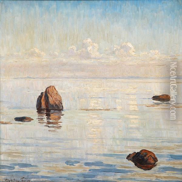 Coastal Scape With Rocks In The Water Oil Painting - Achton Friis