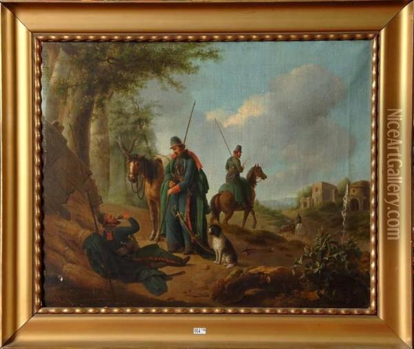 La Halte Des Cavaliers Russes En Belgique Oil Painting - A.F. Garn