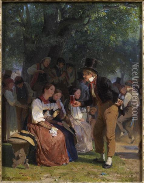 Jeune Homme Offrant Un Rafraichissement A Une Jeune Fille Lors D'une Fete Villageoise Oil Painting - Edouard-Henri Girardet