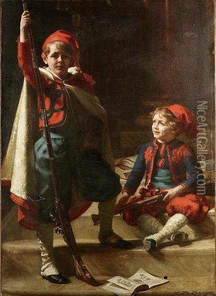 'zouaves'- Portrait Of Francis And Philip Mond, Sons Of Emile Mond, Esq. Oil Painting - Sigismund Christian Hubert Goetze