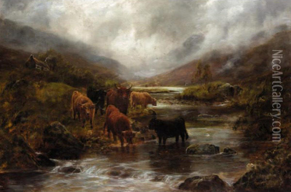 Highland Cattle Watering At A Burn Oil Painting - William Henry Charles Groome