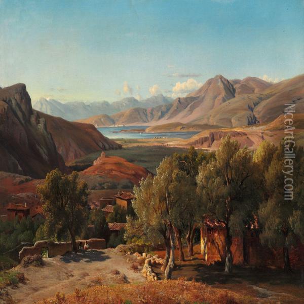 Italian Landscape With Houses And Old Olive Trees Oil Painting - Louis Gurlitt