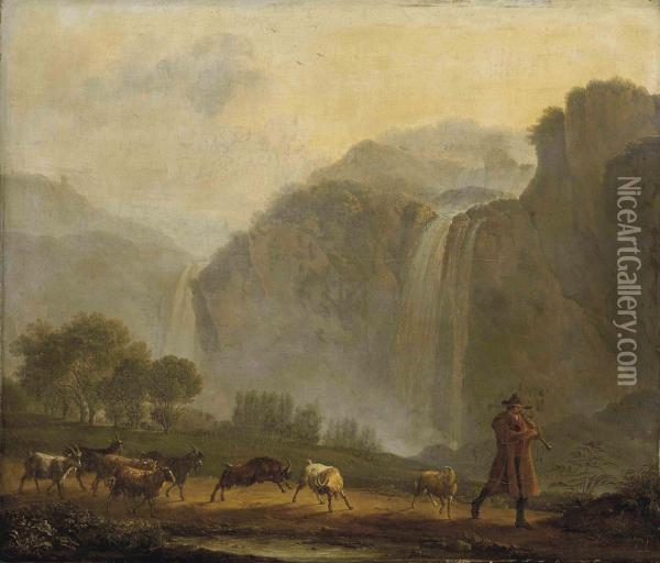 A Mountainous Landscape With A Shepherd And His Flock On A Track Before A Waterfall Oil Painting - Jacob Philipp Hackert