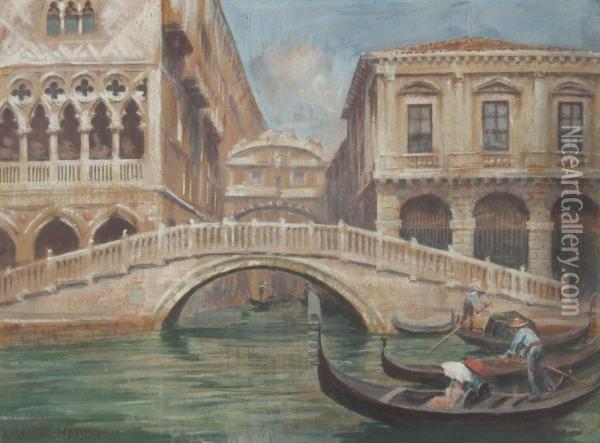 Venetian Canal Scene With Gondoliers Oil Painting - Arthur Trevor Haddon