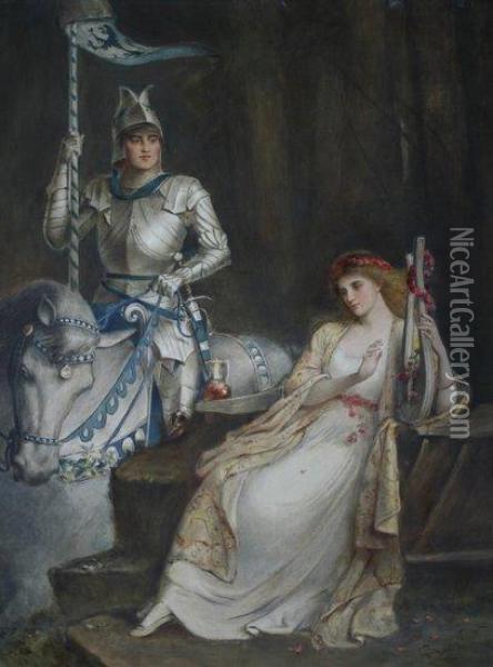 The Two Paths 
 A Lady With A Lute Beside A Knight On Horseback Oil Painting - Edward Charles Halle