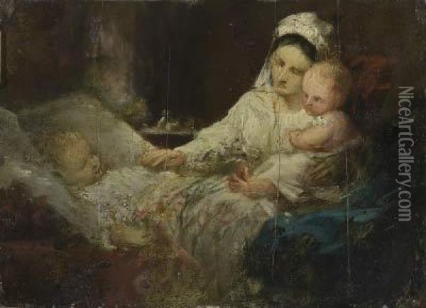 Mutter Mit Zwei Kindern Vor Der Nachtruhe Oil Painting - Philipp Helmer