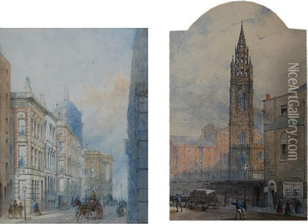 St. Nicholas Church, Liverpool, And Another Thought To Be Of Liverpool Town Hall From Water Street, A Pair Oil Painting - William Gawin Herdman