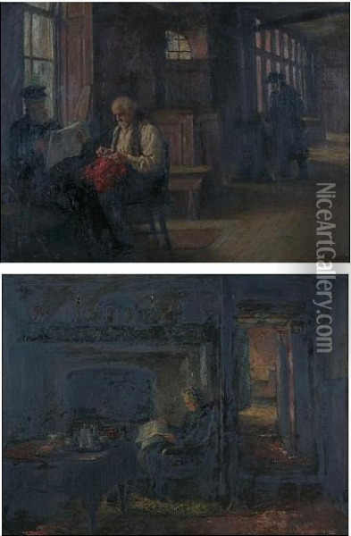 An Interior Scene With Men By A Window, Another Figure Walking, And Another, A Woman Taking Tea By A Fireside, A Pair Oil Painting - Heyermans