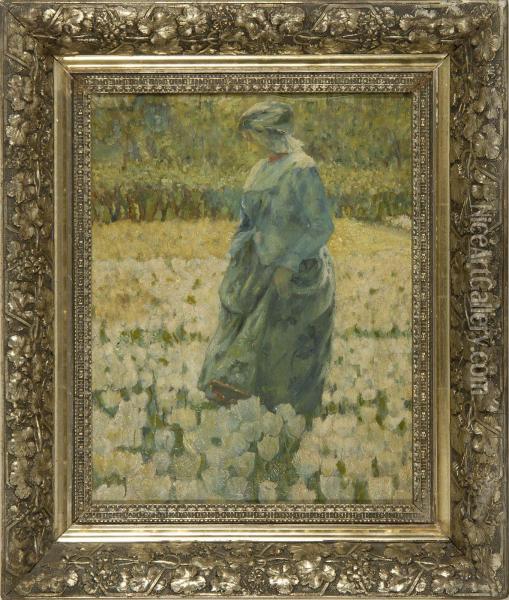 A Woman Standing In A Field Of Flowers Oil Painting - George Hitchcock