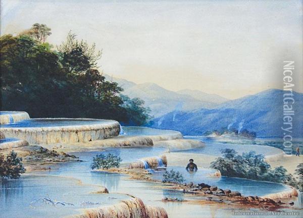 Bathing In The White Terraces, Rotomahana With Whare's Beyond Oil Painting - John Barr Clarke Hoyte