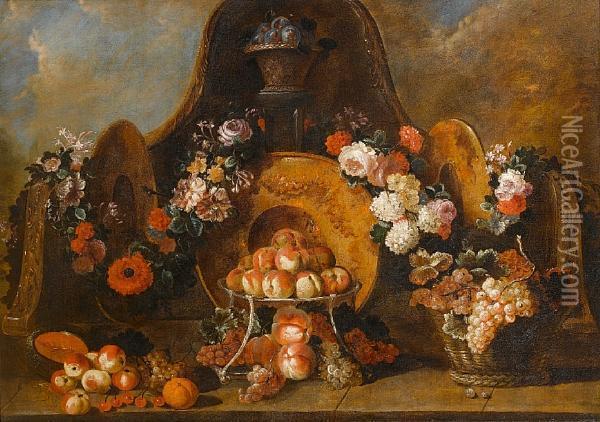 A Basket Of Plums With A Silver Gilt Tazza Of Peaches Oil Painting - Pierre-Nicolas Huillot