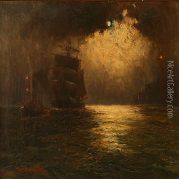 Seascape With Sailing Ships At Sea In Moonlight Oil Painting - Alfred Jensen