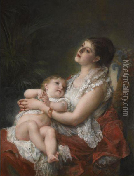 A Mother's Embrace Oil Painting - Adolphe Jourdan