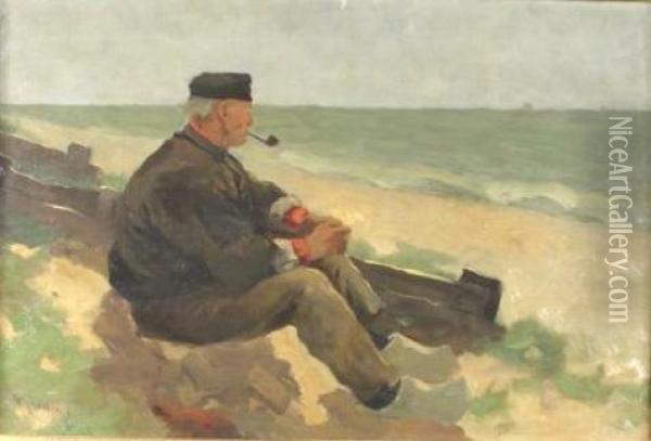 Man With A Pipe On Shore Oil Painting - William Castle Keith