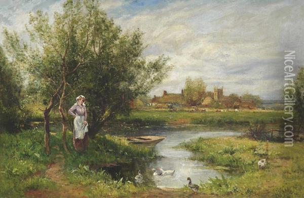 At The Village Pond Oil Painting - Henry John Yeend King