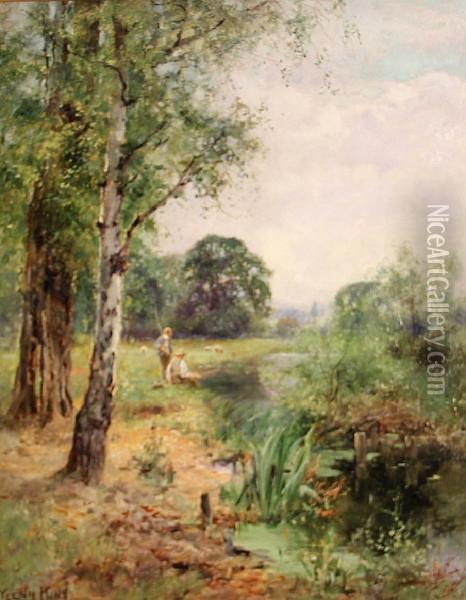 A View Of A Quiet Stream With Boys Fishing Oil Painting - Henry John Yeend King