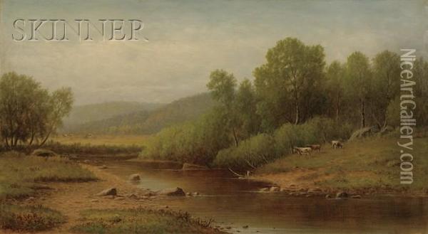 Cattle Grazing On A Riverbank Oil Painting - Charles Wilson Knapp