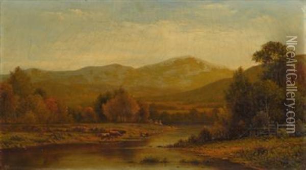 Figures And Cattle In A River Landscape Oil Painting - Charles Wilson Knapp