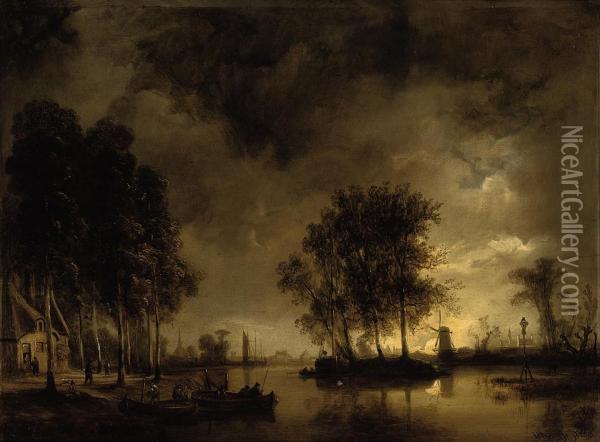 A Dutch Riverside Hamlet Under Moonlight Oil Painting - Wilhelm August Krause