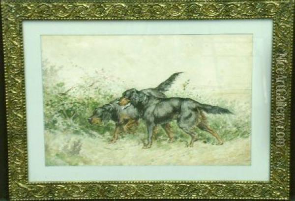 Two Gordon Setters On Point Oil Painting - L. Langlois