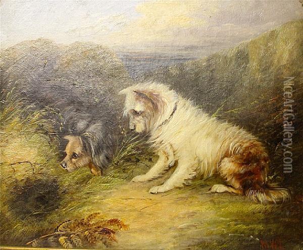 Terriers Waiting At A Rabbit Hole Oil Painting - Mark W. Langlois