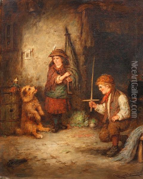 Two Children And A Terrier In A Cottageinterior Oil Painting - Mark W. Langlois