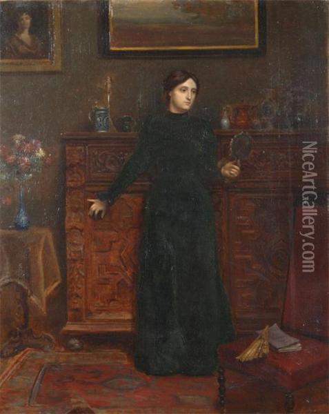Pensive Woman With Mirror In Interior Oil Painting - Armand Laureys