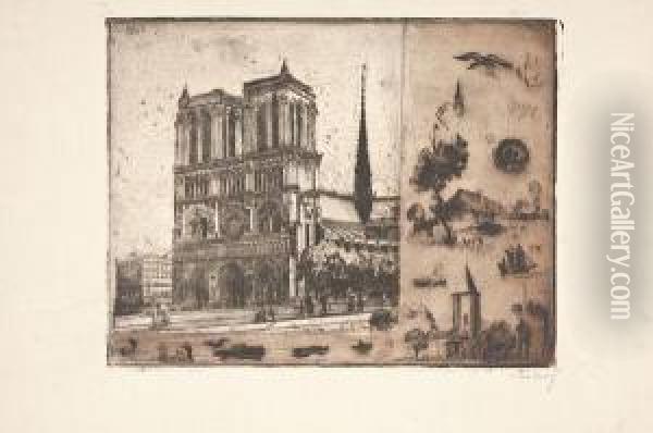 Notre Dame De Paris Et Les Quais Oil Painting - Georges Le Meilleur