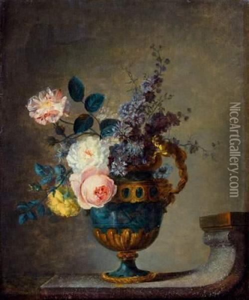 Nature Morte Au Bouquet De Fleurs Dans Un Vase A Monture De Bronze Pose Sur Un Entablement Oil Painting - I.S.J. Le Riche