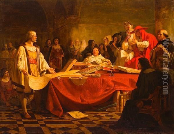 Columbus Before The High Council Of Salamanca Oil Painting - Emmanuel Gottlieb Leutze