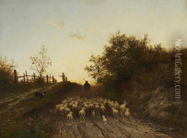 Schafer Mit Herde In Der Abenddammerung. Oil Painting - Adolf Heinrich Lier