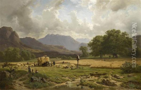 Grain Harvest In The Mountains Oil Painting - Adolf Heinrich Lier