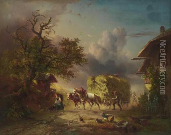 Bauern Mit Heuwagen Auf Dorfstrase. Oil Painting - Edmund Mahlknecht