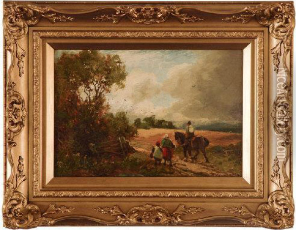 Autumn Scene, 
With A Farmer On A Shire Horse On A Country Path Alongside A Woman And Her Child Oil Painting - William Manners