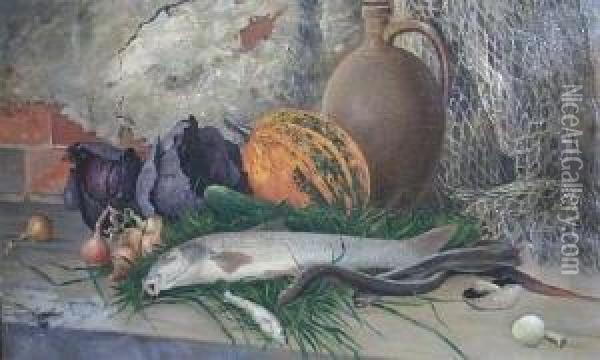 Stilleben Mit Fisch Und Gemuse. Unten Rechts Signiert Melchert Oil Painting - Adolf Melchert
