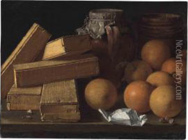 Oranges, Nuts, Spices, Boxes Of Sweetmeats, A Jug And A Cask On A Table Oil Painting - Luis Eugenio Melendez