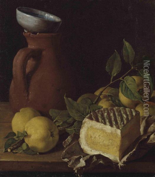 Cheese, Apples And An Earthenware Jug Oil Painting - Luis Eugenio Melendez