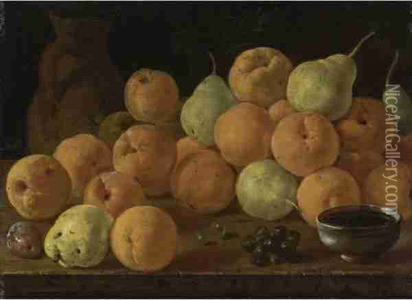 Still Life With Peaches, Pears And Grapes Oil Painting - Luis Eugenio Melendez
