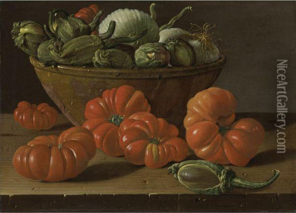 Still Life With Tomatoes, A Bowl Of Aubergines And Onions Oil Painting - Luis Eugenio Melendez
