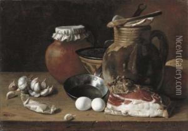 Ham, Eggs, Cloves Of Garlic, Bread, Terracotta Pots And A Frying Pan On A Wooden Ledge Oil Painting - Luis Eugenio Melendez