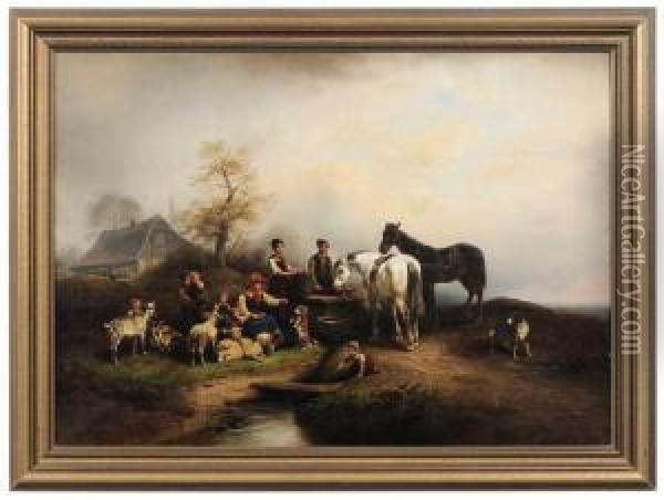 Family Gathering In A Pastoral Landscape Oil Painting - Wilhelm Alexander Meyerheim