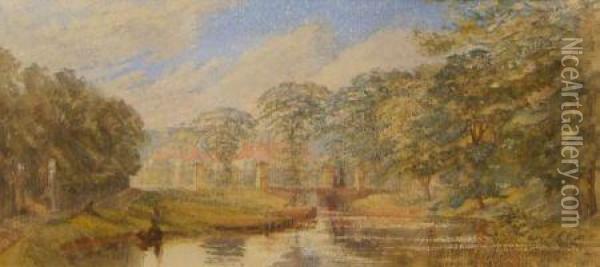 River Landscape With Figureson A Bridge Oil Painting - A Moberly