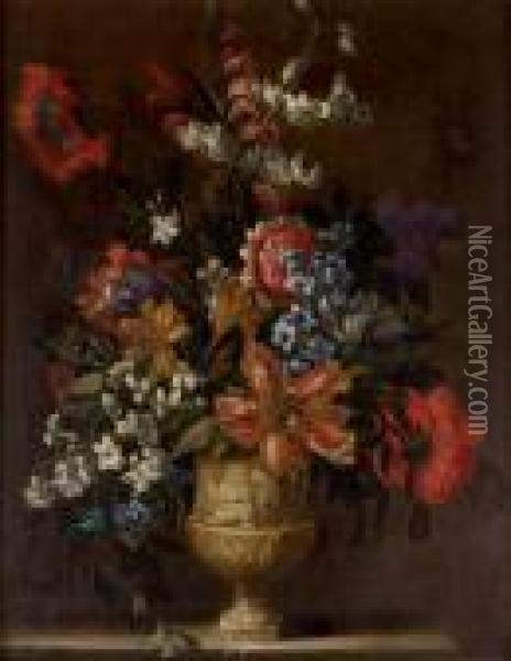 Bouquet De Fleurs Dans Un Vase En Marbre Oil Painting - Jean-Baptiste Monnoyer