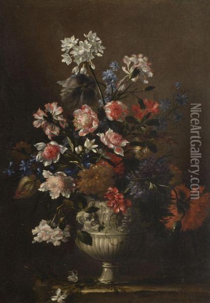 Still Life Of Flowers In An Urn Oil Painting - Jean-Baptiste Monnoyer