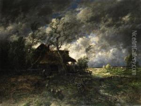 Landschaft In Gewitterstimmung Mit Schafen Oil Painting - Eduard Josef Muller