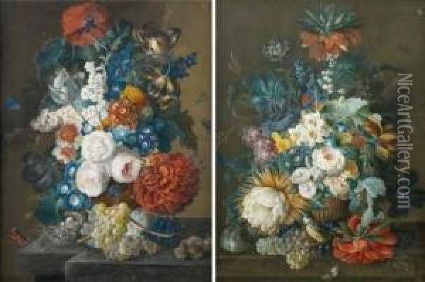 Bouquet De Fleurs Avec Oiseau - Bouquet De Fleurs Au Nid Et Papillons Oil Painting - Joseph Nigg