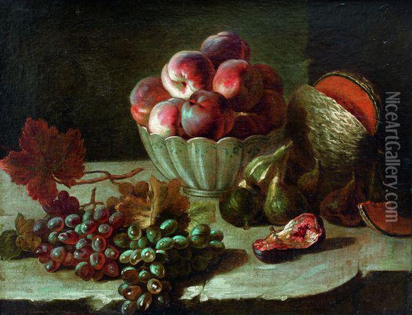 Nature Morte A La Coupe De Peches, Figues, Melons Et Raisins Sur Un Entablement Oil Painting - Jean-Baptiste Oudry