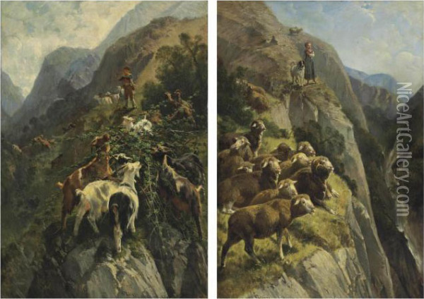 A Shepherdess With Her Flock In The Mountains; And A Shepherd With His Goats In The Mountains Oil Painting - Giuseppe Palizzi